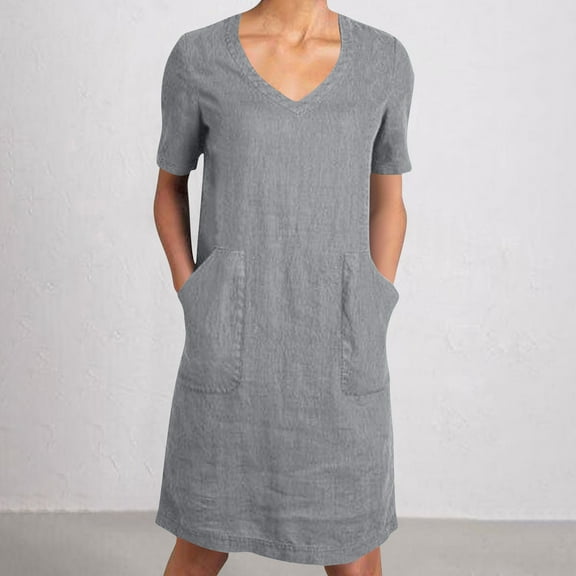 Zyloft Plus Size Dresses for Women Loose-Fit Fashionable Vintage Cotton-Linen Blend Short-Sleeve V-Neck Pocket Dress Gray XXL