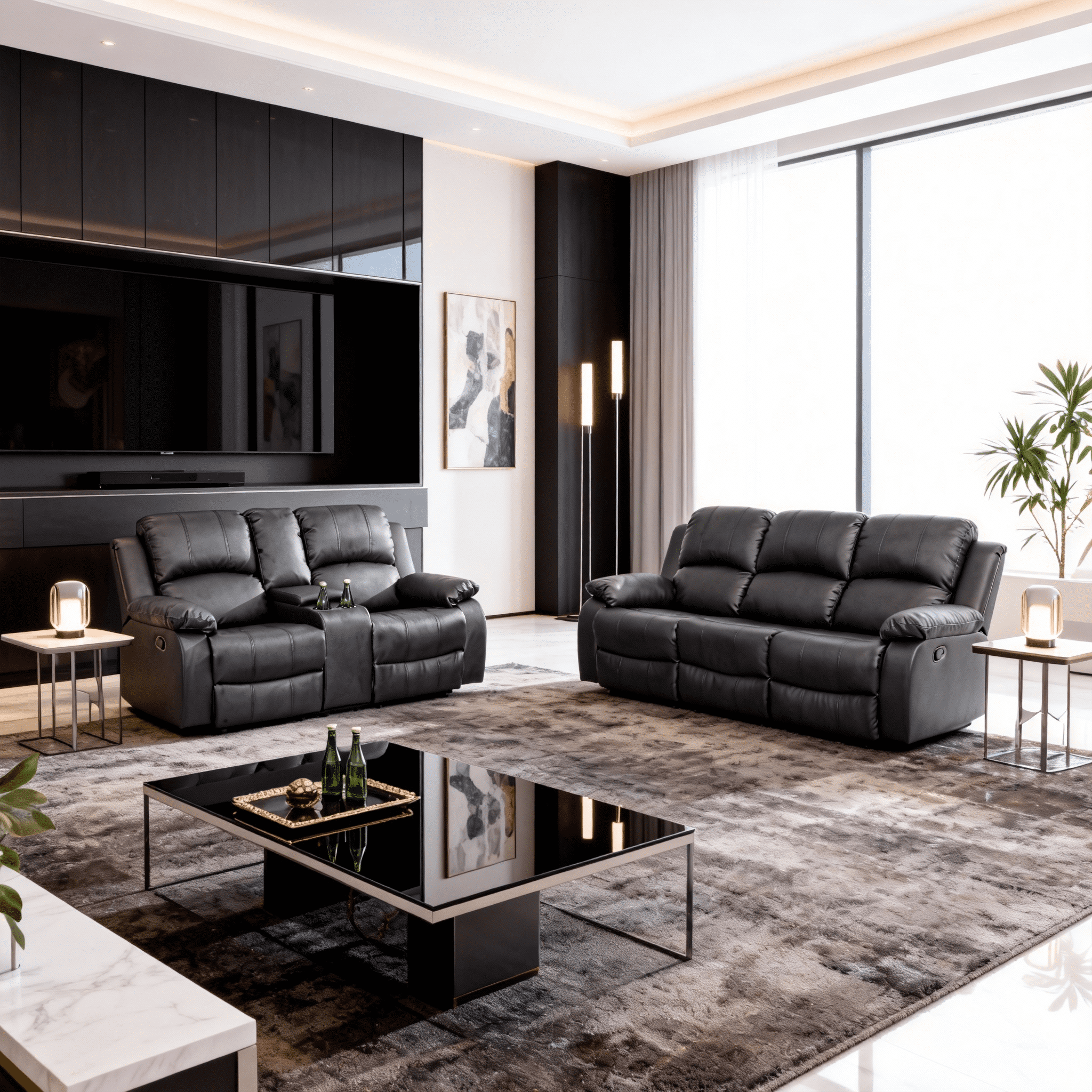 Gewnee Black 2-Piece Living Room Recliner Sofa Set,Air Leather Upholstery with Console & Cup Holders