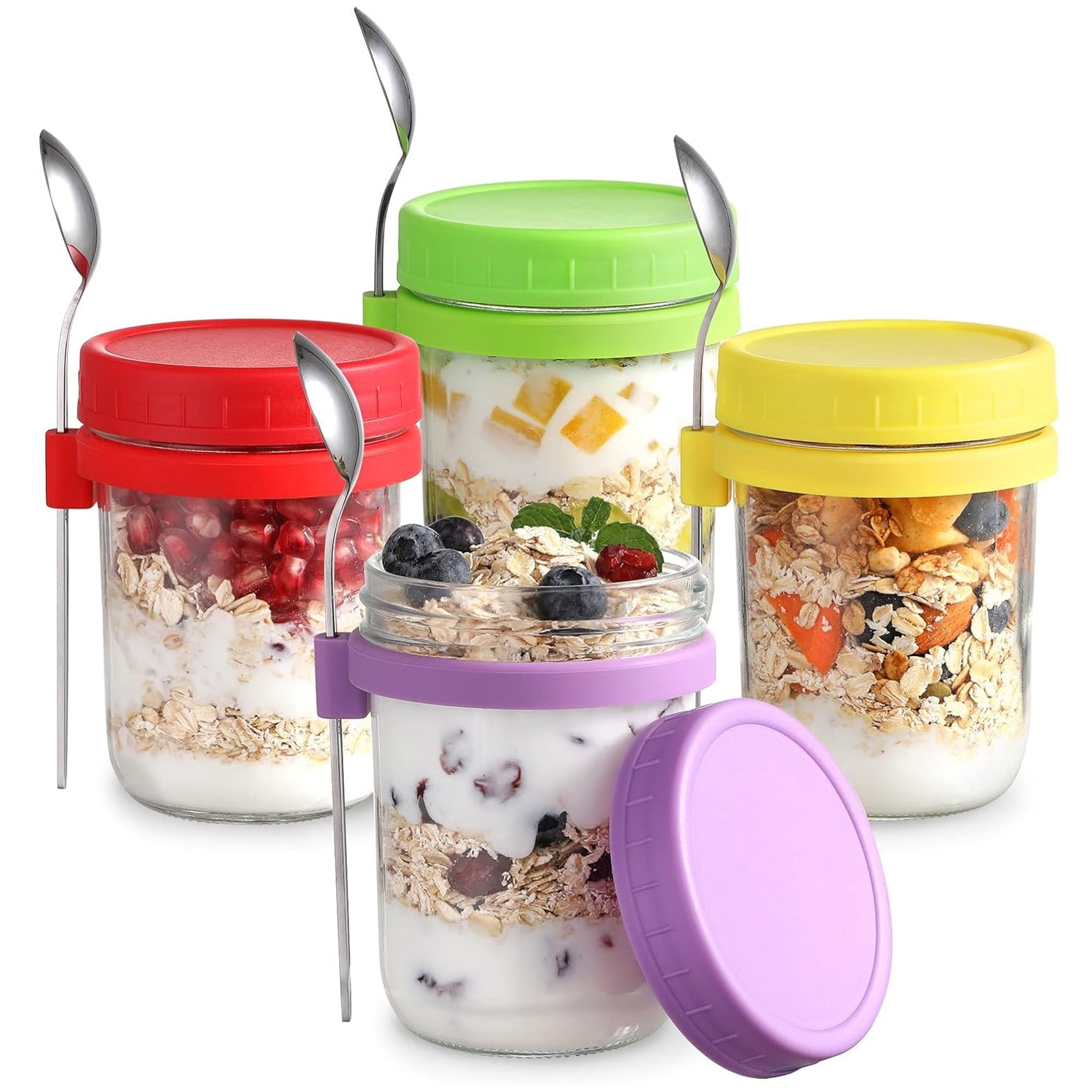 FOUKUS Overnight Oats Containers with Lids: Mason Jars 16 oz with Lids and Spoons, Small Mason Jars for Milk, Cereal, Fruit, Salad, Yogurt