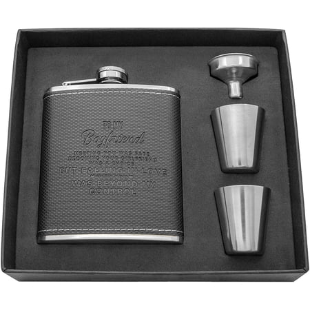 Personalized Flask Set For Boyfriend - Engraved Custom Hip Flasks - Stainless Steel with Leather Flask Gifts For Men Birthday Christmas Valentine s Gift For Boyfriend