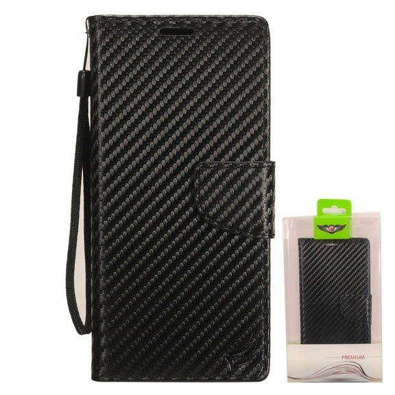 Apple iPhone 11 PRO MAX Wallet Case Premium Canvas Pu Leather Pocket Folio Cover Flip Stand with Credit Card Holder Slot & Lanyard Strap CARBON FIBER BLACK Cover for Apple iPhone 11 Pro Max / 6.5"
