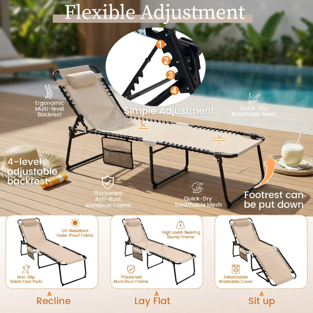 Hommoo Foldable Reclining Lounge Chair with Adjustable Backrest & Footrest, Lightweight Portable Beach, Camping & Patio Chair, Beige
