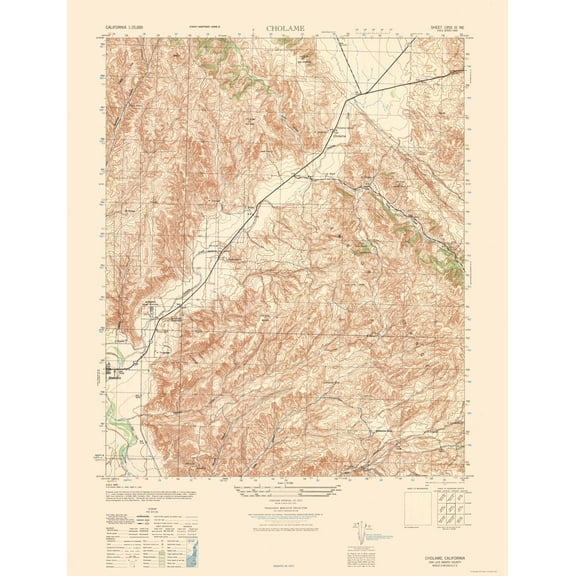 Topographical Map - Cholame Sheet - US Army 1943 - Vintage Wall Art