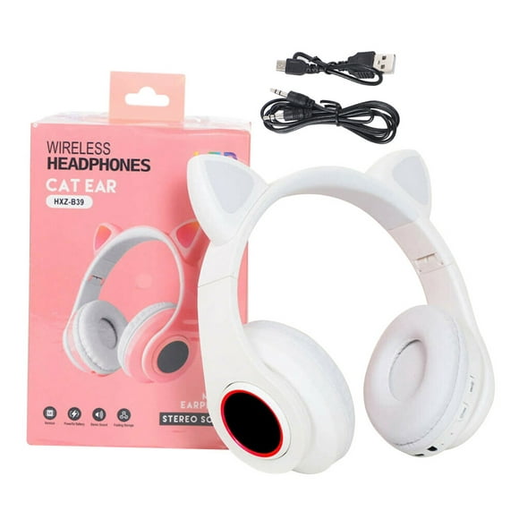 freestylehome Bluetooth 5.0 Headphone LED Flashing Light Headset Adorable Wireless Rechargeable Gaming Microphone Earphone, White