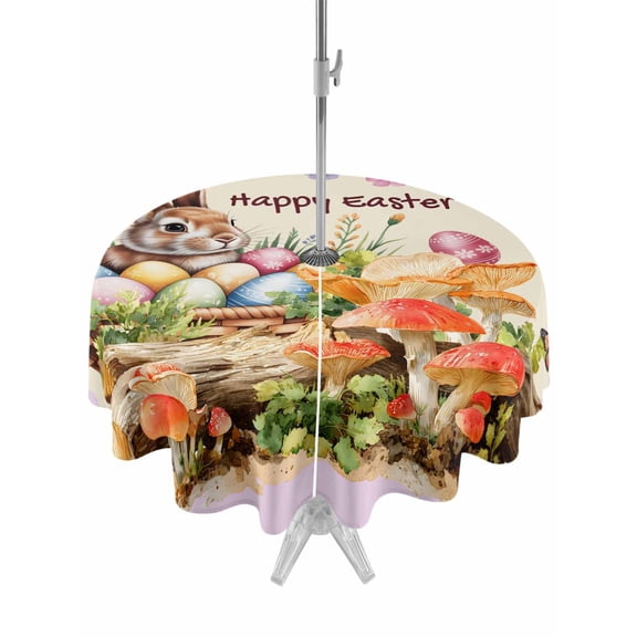 Happy Easter Outdoor Tablecloth - 54 Inch Round Dining Table Cover, Bunny Eggs Spring Mushrooms Plants Rustic Purple Waterproof Outdoor Table Cloth with Umbrella Hole & Zipper for Picnic/Patio/Party