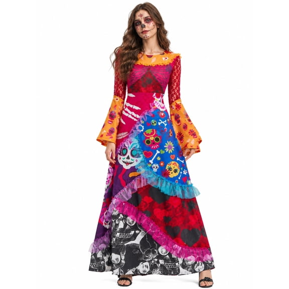 Women Day of the Dead Costume, Long Sleeves Sugar Skull Fancy Dress Outfits for Halloween Carnival Party S