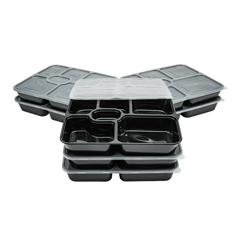 Asporto 34 oz Black Plastic 6 Compartment Food Container - with Clear Lid,  Microwavable - 9 3/4 x 8 1/4 x 1 3/4 - 100 count box