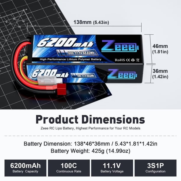 HOOVO Batterie RC 3S Lipo Batterie 11,1 V 6000 MAh 80 C Batterie Av Connecteur Ec5 Pour Vehicules Rc A Echelle 1 8 1 10 Vo Amz