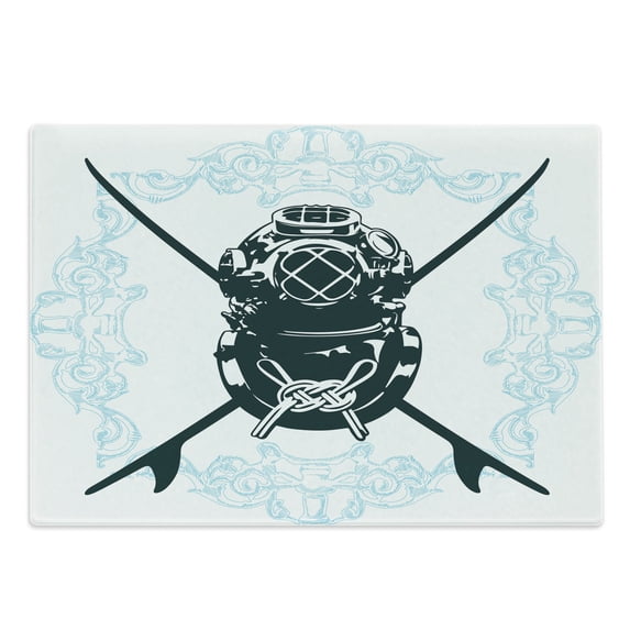 Surf Cutting Board, Surf Sign with Diving Suit and Elements Myst Underwater Recreational Design, Decorative Tempered Glass Cutting and Serving Board, Large Size, Dark Petrol Blue Blue, by Ambesonne