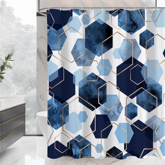 Blue Shower Curtain Set, Modern Geometric Art Decor Waterproof Bath Curtain, Fabric Shower Curtain for Bathroom, 72x72 Inch