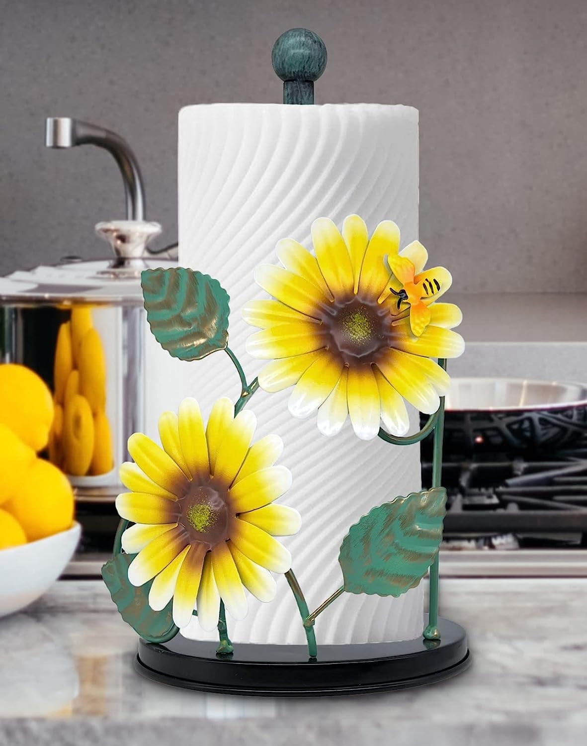 Sunflower Decor Paper Towel Holder | Metal Yellow Daisy with Bee | Countertop Kitchen & Bathroom Organizer | Cute Sunflower Accessories for Home Decor