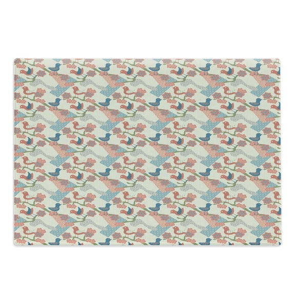 East Cutting Board, Japanese Nature Traditional Kimono Pattern Birds on Branches, Decorative Tempered Glass Cutting and Serving Board, Large Size, Salmon Pale Green Blue, by Ambesonne