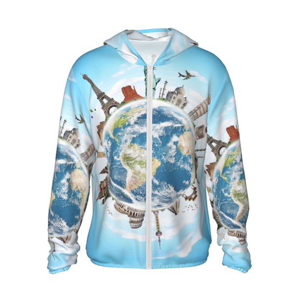 Balery World Travel Sudadera ligera de manga larga con capucha y protección solar UPF 50+ para hombre y mujer, ideal para pesca y running-Medium