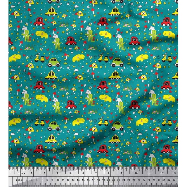 Soimoi Poly Georgette Fabric Heart,Vehicles & Animals Cartoon Print Fabric by The Yard 52 Inch Wide