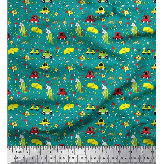 Soimoi Poly Georgette Fabric Heart,Vehicles & Animals Cartoon Print Fabric by The Yard 42 Inch Wide