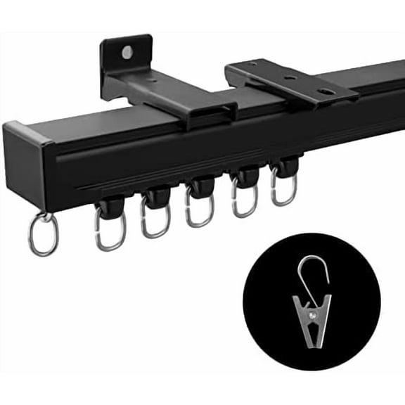 Ceiling Curtain Track Ceiling and Wall Mounted Heavy-Duty Curtains Rails Room Divider Curtains Shower RV Tracks Ceiling Sliding Curtain Rods With Clips,Black 6ft.