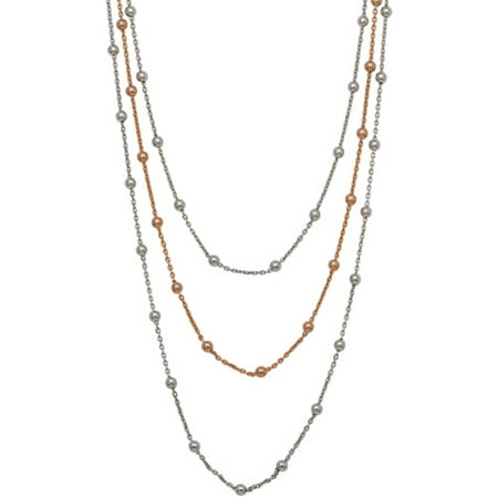 Triple Strand Beaded Station Chain Necklace in 18kt Rose Gold-Plated Sterling Silver