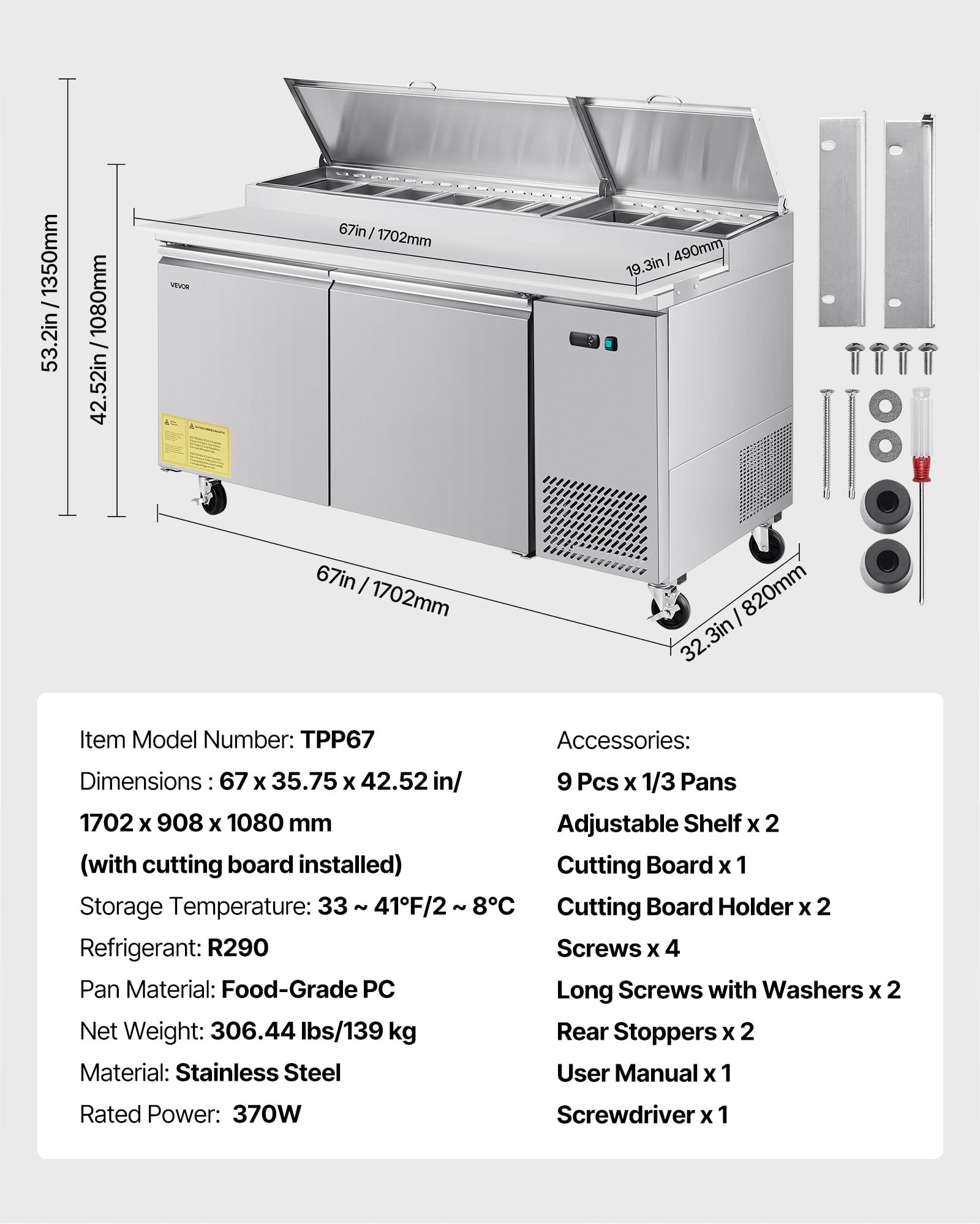 VEVOR 67"W Commercial Refrigerator, Pizza Prep Refrigerated Table,20" Ultra Wide Countertop Food Prep Worktable, 20.3 Cu.Ft Single Door Salad Prep Fridge, 9 Pans Pizza Make Worktop with Cutting Board