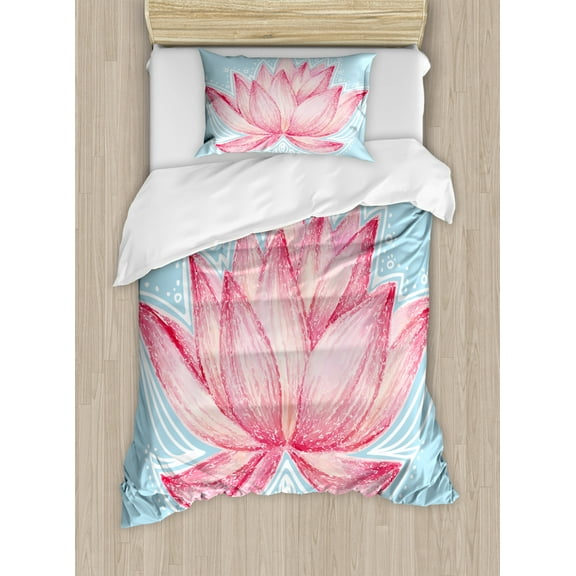 Lotus Duvet Cover Set, Gardening Theme Illustration of a Lotus Flower Pattern Botanical Design Art, Decorative 2 Piece Bedding Set with 1 Pillow Shams, Twin Size, Pink Pale Blue, by Ambesonne