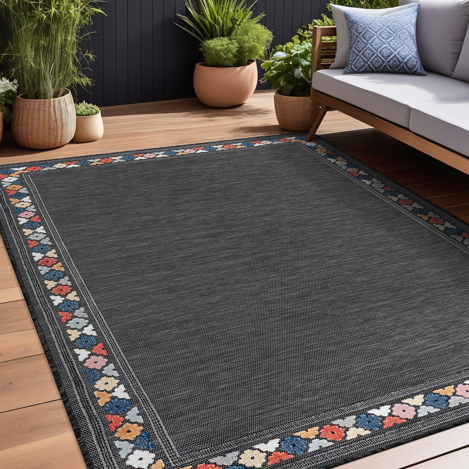 Beverly Rug Outdoor / Indoor Area Rugs Patio Porch Garden Carpet Bordered / Dark Gray 4x6
