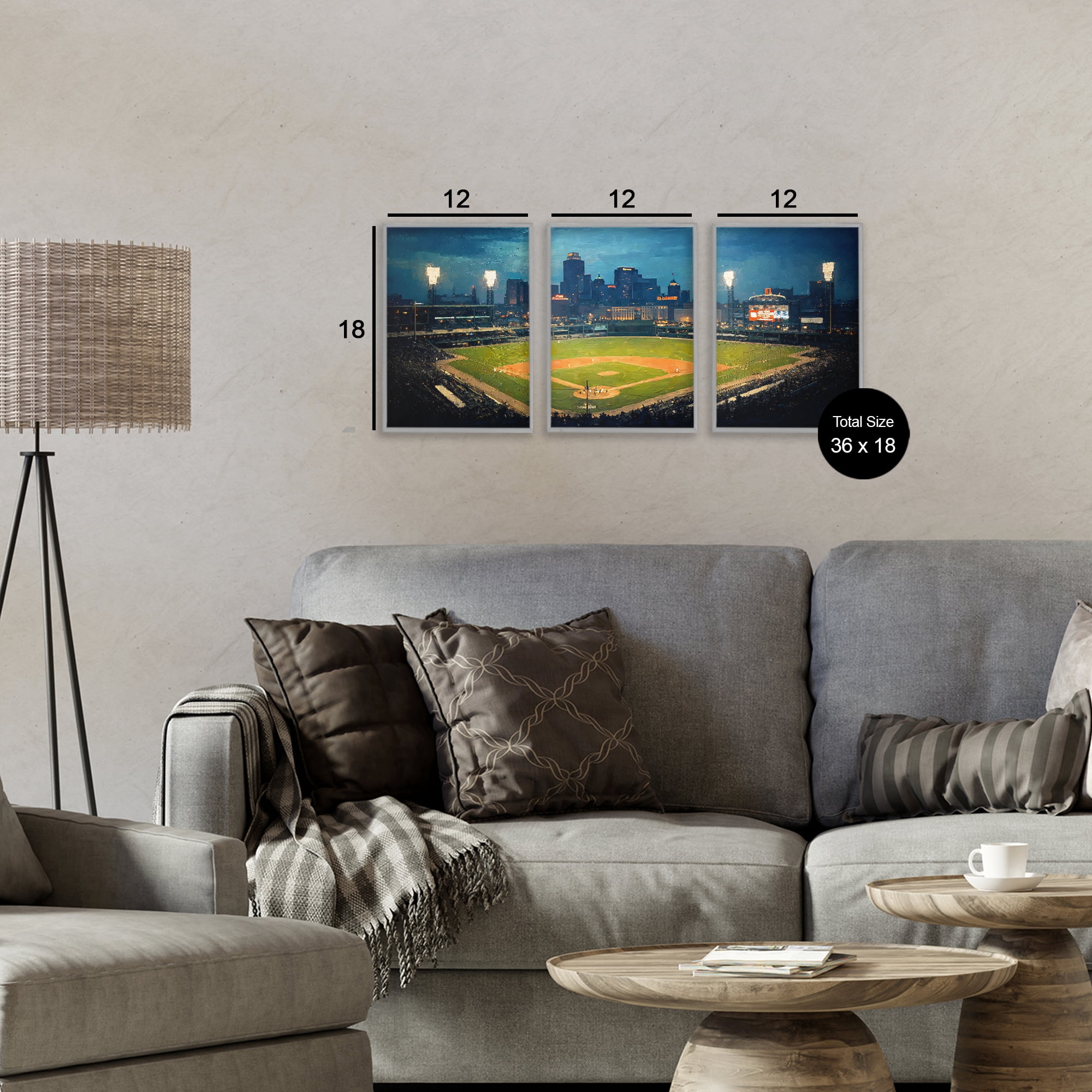 Stupell Industries Baseball Stadium Night View 3 Piece Gray Framed Giclee Art Set, design by Arlington Prints