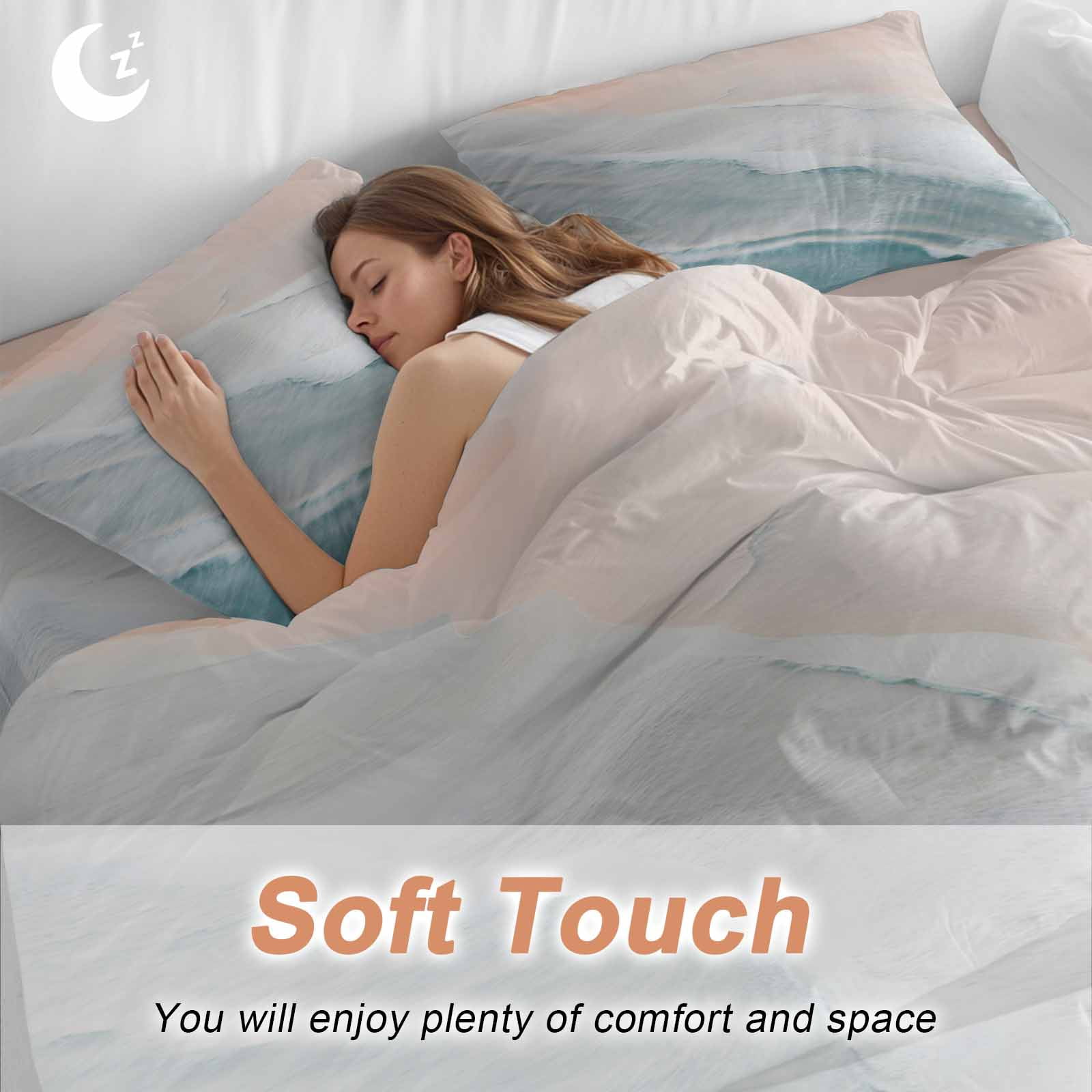 Beach Blue Queen Duvet Cover Set, Beige Gradient Ocean Wave Seaside Scenery 4 Piece Microfiber Bedding Set with Zipper Closure, Bed Sheet and 2 Pillow Shams, Soft Bedding Cover