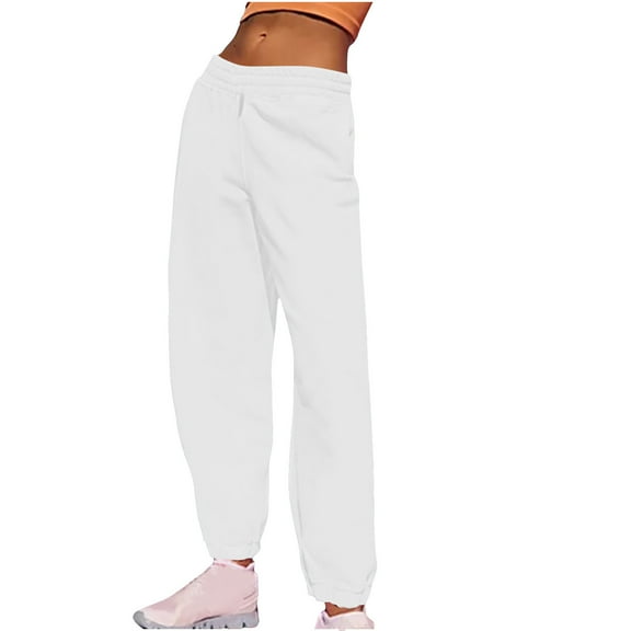 Womens Joggers Sweatpants Cotton Activewear Sports Casual Pants Elastic Waist Wide Leg Cinch Bottom Solid Trouser (XL, White)