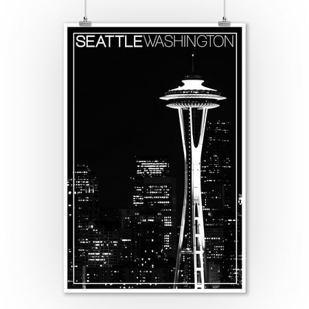 Straight Needles Lantern - Seattle, Washington - Space Needle and Skyline at Night - Lantern Press Artwork (9x12 Art Print, Wall Decor Travel Poster)