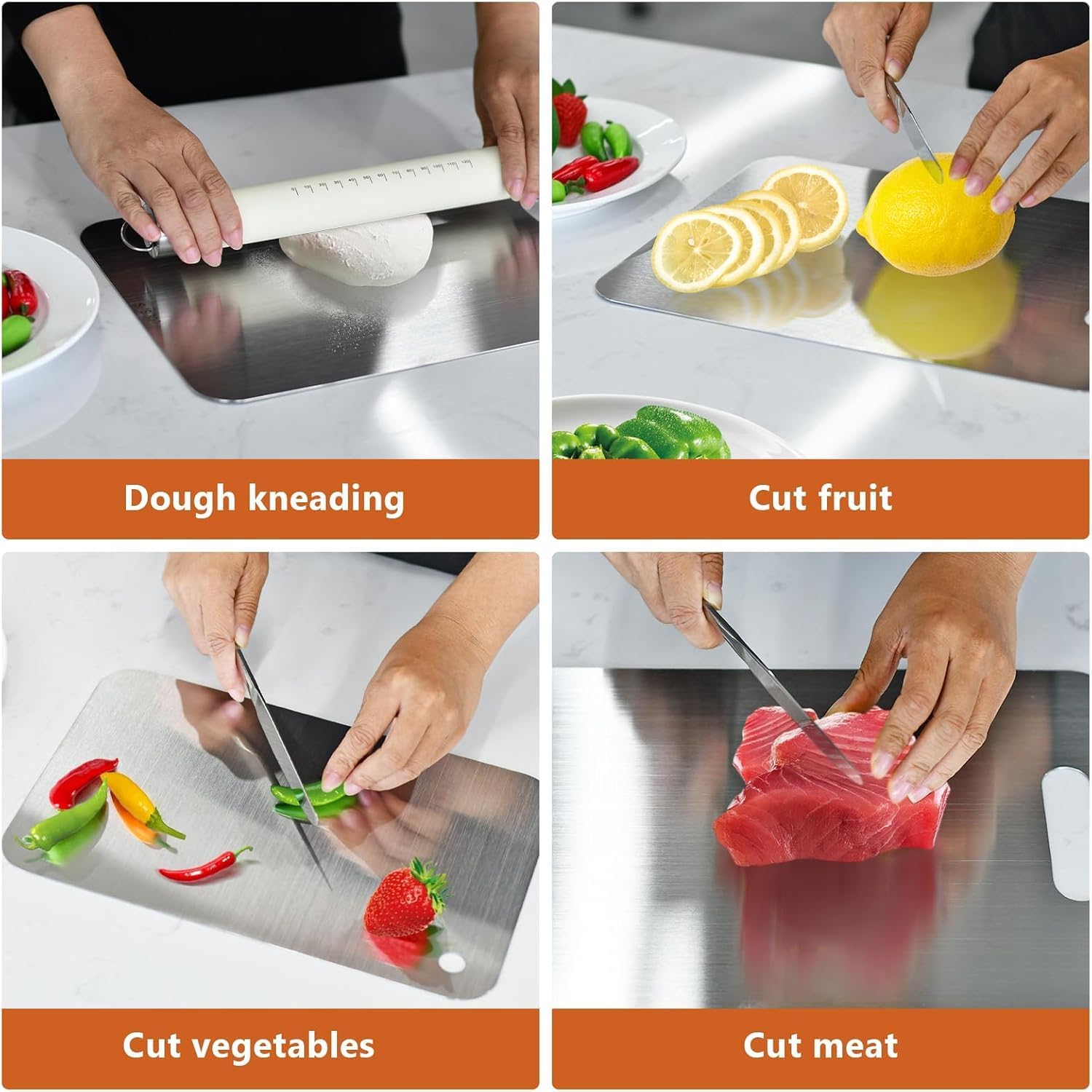 3PCS Stainless Steel Cutting Board Set, Double-Sided Metal Kitchen Chopping Boards, Food Grade Non Toxic, Burr-Free Edges, Dishwasher Safe for Meat Vegetables Fruits (S/M/L)