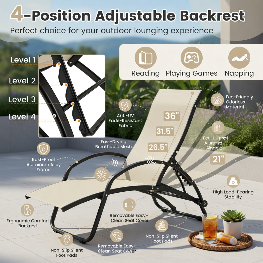Hommoo 2-in-1 Aluminum Rocking Lounge Chair, 4-Position Adjustable Backrest, Weather-Resistant Patio Chair for Porch, Poolside & Balcony, Beige