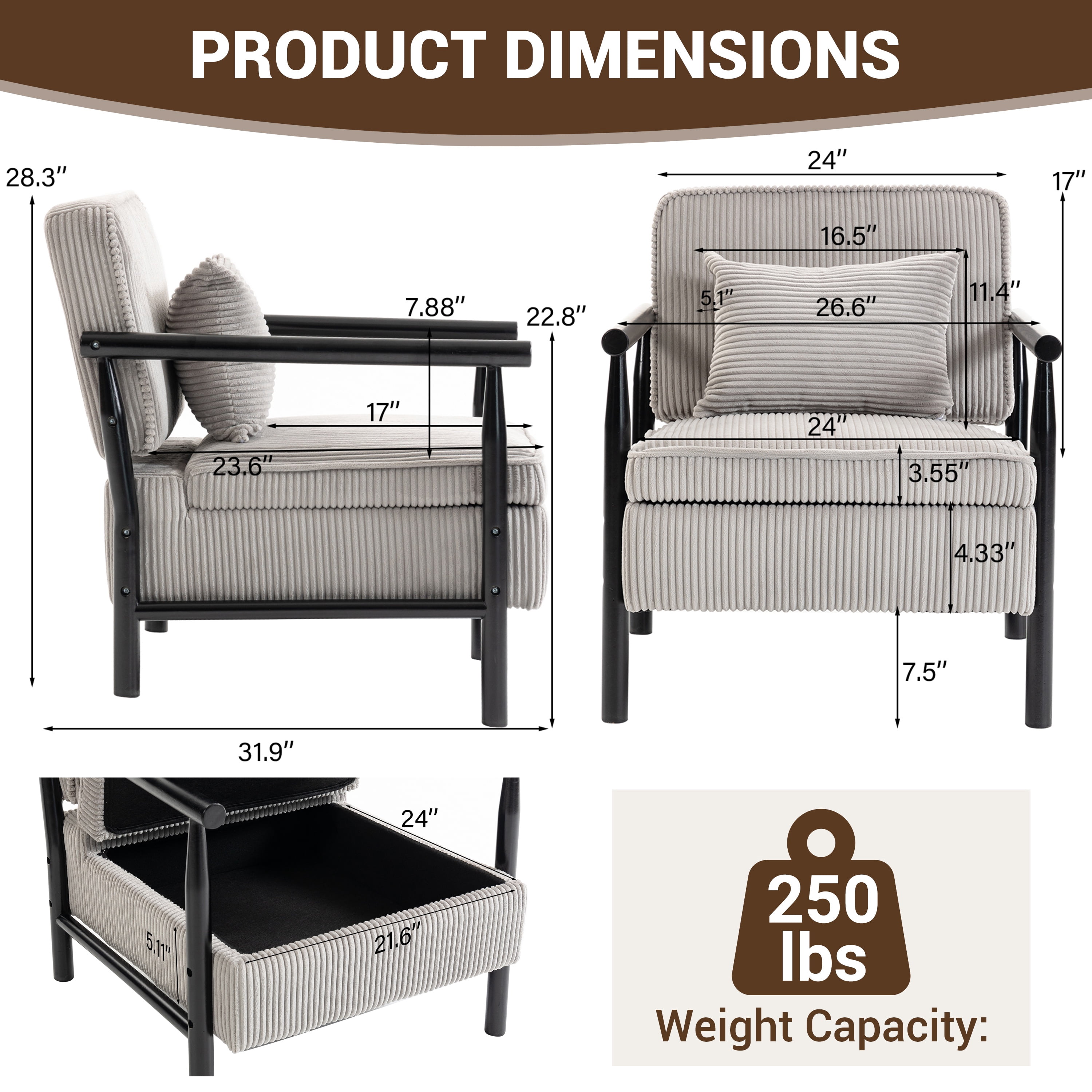 Accent Chair with Hidden Storage, LEGAHOME Antique Gray Modern Arm Chair for Living Room, Comfy Corduroy Reading Armchair for Bedroom, with Solid Wood Leg for 250lbs Weight Capacity
