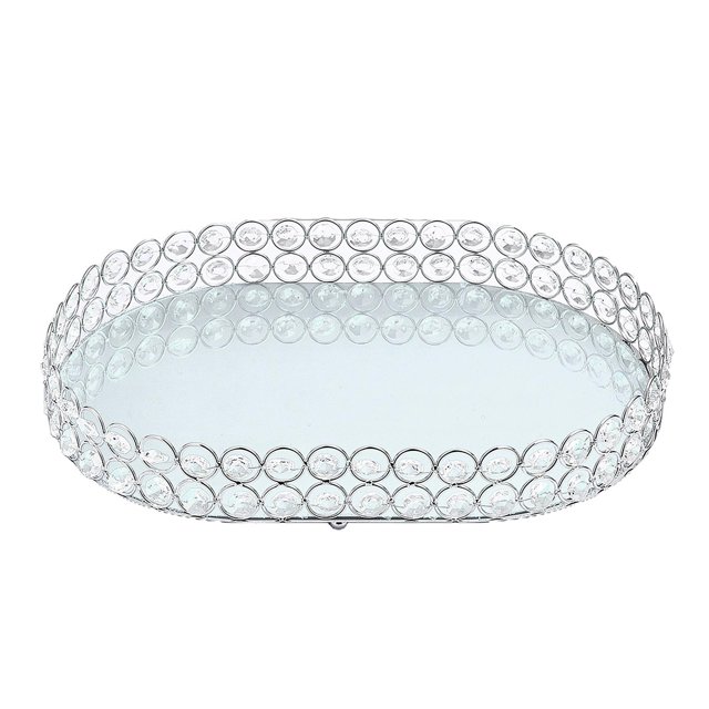 Espejo decorativo bandeja , cristal cosmético bandeja Oval organizador L Zulema Bandeja con base de espejo plateado