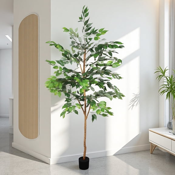 6FT Artificial Ficus Tree with Real Wood Trunk - Faux Ficus Tree for Indoor Home Office Decor, Low Maintenance Fake Tree in Pot