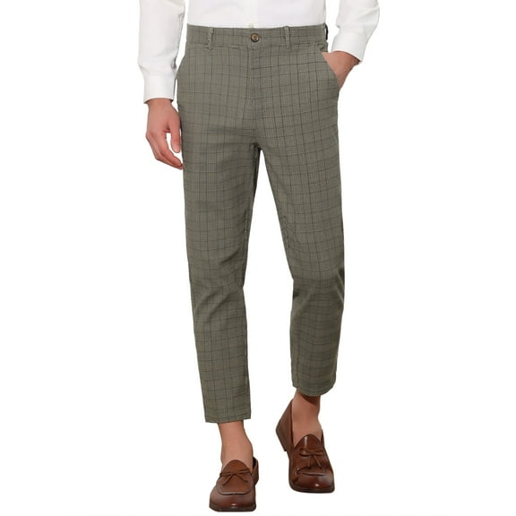 INSPIRE CHIC Plaid Cropped Pants for Men's Flat Front Ankle Length Checked Dress Pants 30 Dark Brown