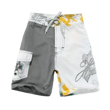 Boy Hawaiian Swimwear Board Shorts with Tie in White and Grey with Yellow Floral 2 Year