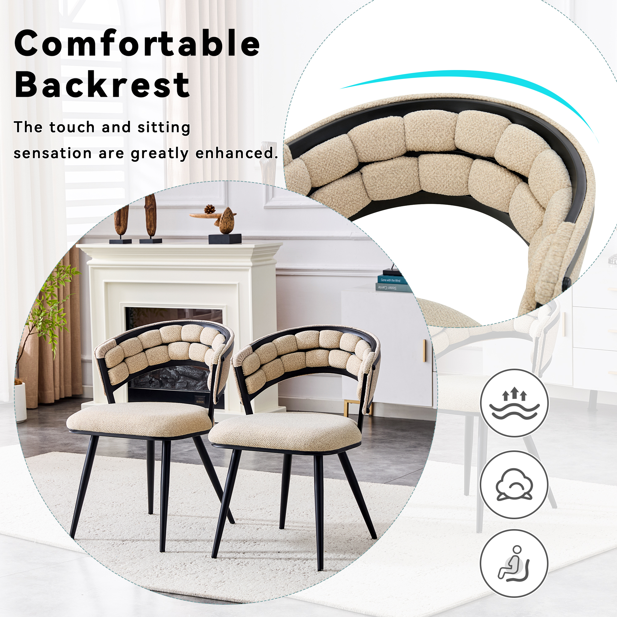 TesNus Beige Velvet Dining Chairs Set of 2, 30.5 Inch Tufted Upholstered Accent Chairs with Black Metal Legs for Dining Room Kitchen Living Room