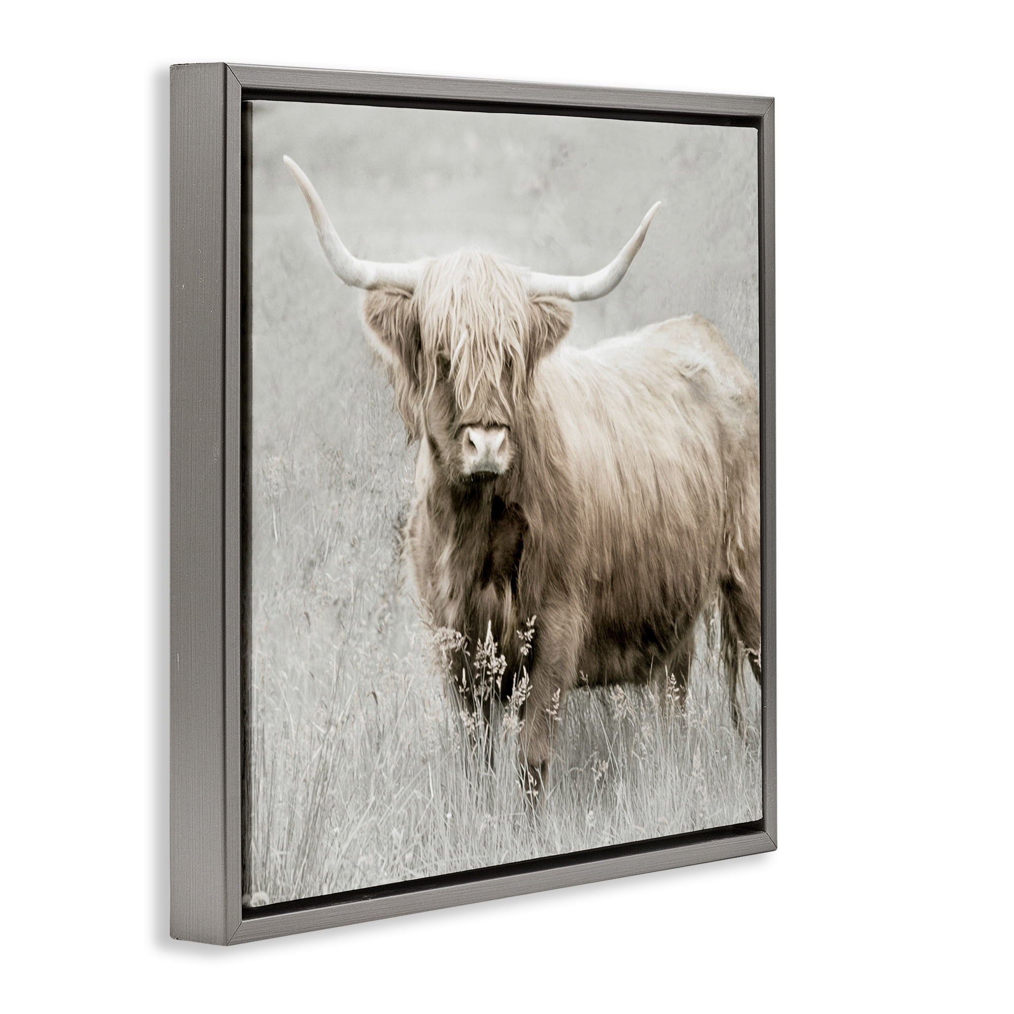 Stupell Industries Subtle Longhorn Cattle Animals & Insects Painting Gray Floater Framed Canvas Art Print Wall Art, 18 x 18