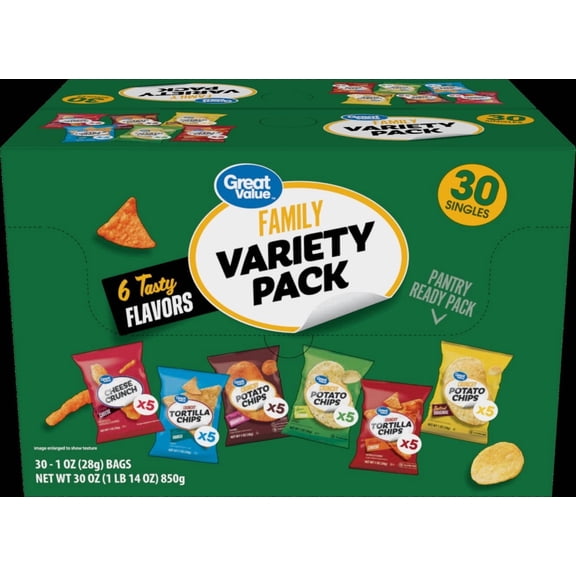 Great Value Family Variety Chips Pack, 30 Count, 1 oz