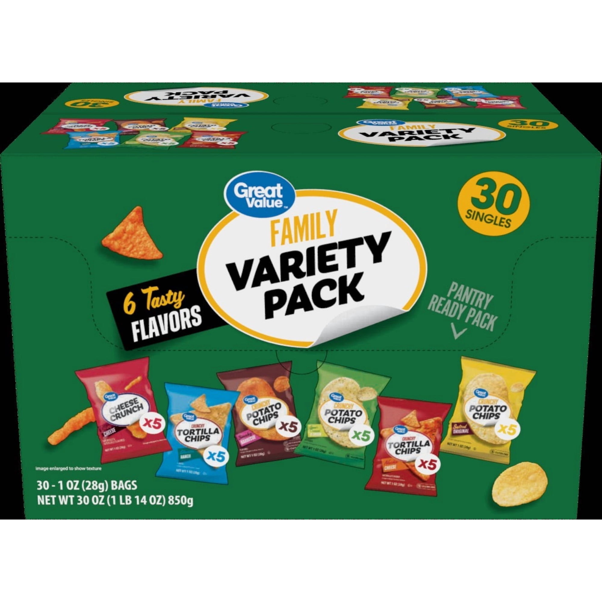 Great Value Family Variety Chips Pack, 30 Count, 1 oz