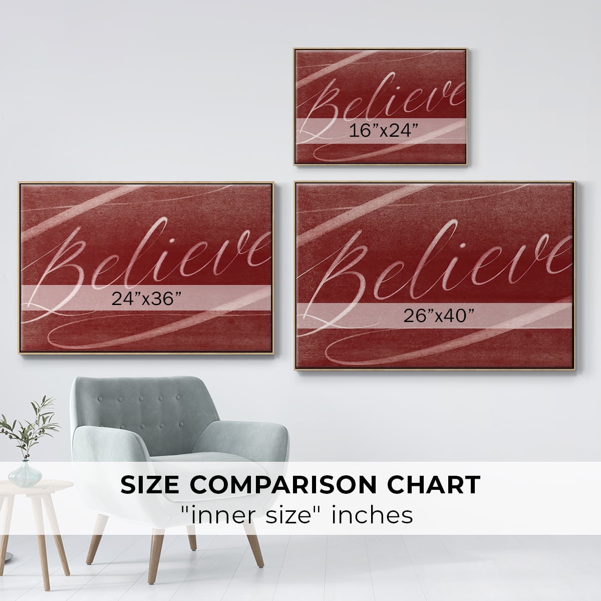 Believe - Framed Gallery Wrapped Holiday Canvas - 25 x 37 - Natural Wood Frame