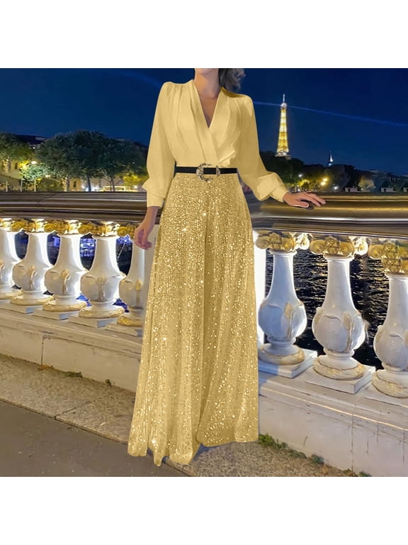 Women's Open Back Jumpsuits,Woman Fashion Sequin Solid Color Splice V- Sleeve Long Sleeve Jumpsuit Long Pants Gold S