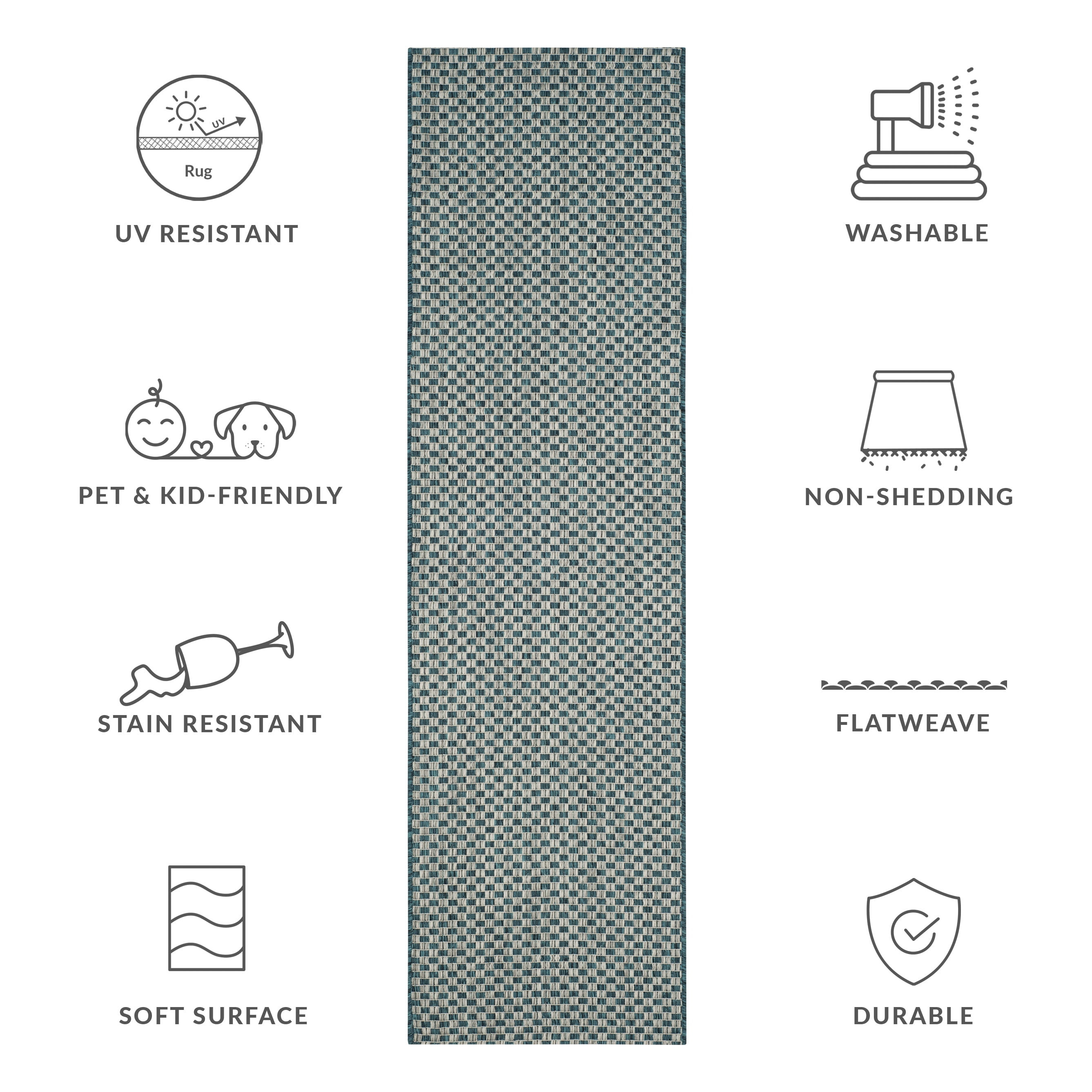 SAFAVIEH Courtyard Blair Checkered Indoor/Outdoor Runner Rug, Turquoise/Light Grey, 2'3" x 18'