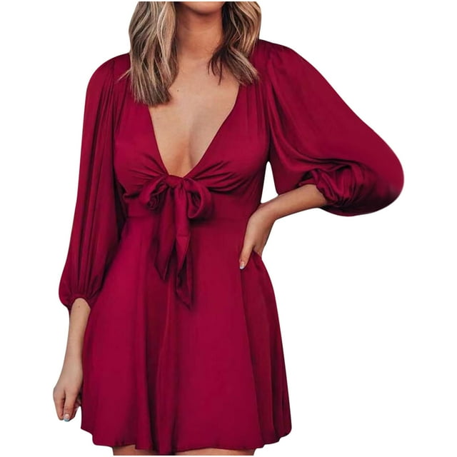 CEHVOM Mode Femmes Robe Aguichant Col en V Nœud Court Basique Midi Boîte de Nuit Robe Longueur Genou Vente
