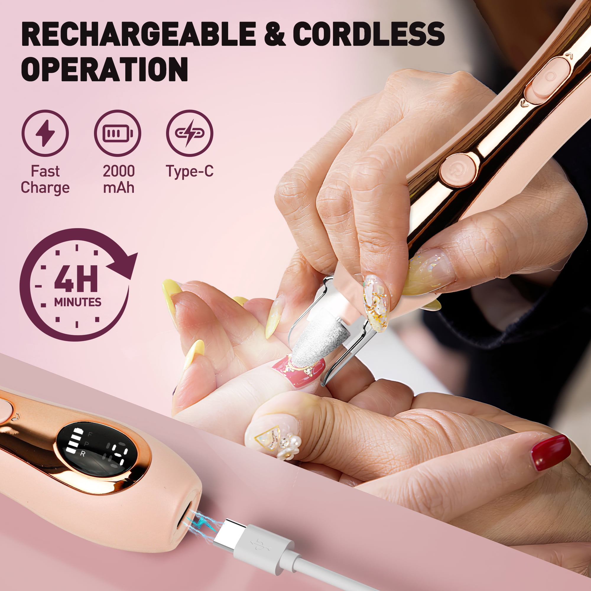 CshidWorld Cordless Electric Nail File, 10-Speed Nail Drill Kit with LED Light, Professional Portable Manicure Pedicure Tool for Thick Nails, Hand & Foot（Pink）