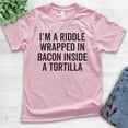 thumbnail image 2 of Kids I'm A Riddle Wrapped In Bacon T-shirt, Youth Kids Boy Girl T-Shirt, Bacon Shirt, Taco Shirt, Light Pink, Small, 2 of 4