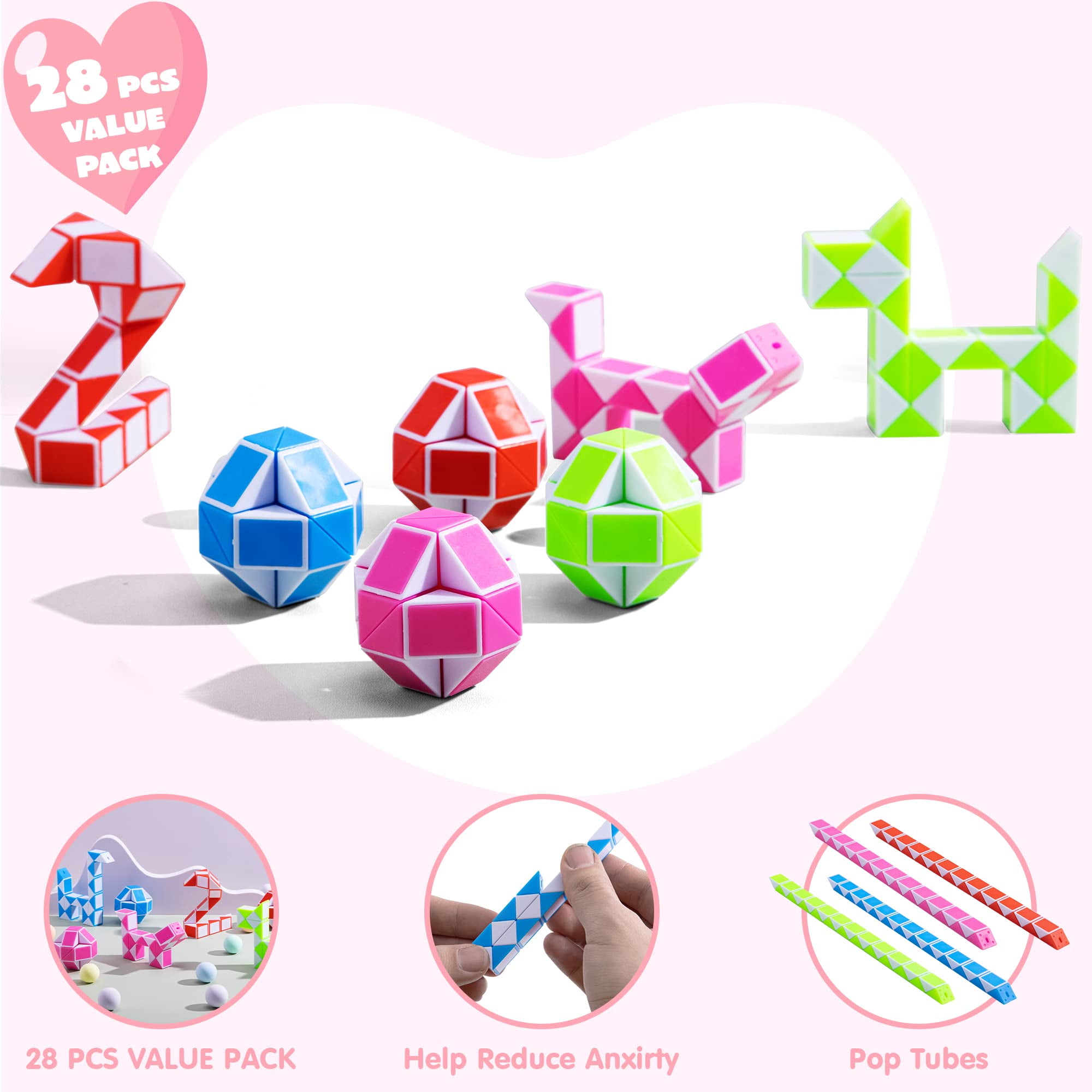 Joyfy 28 Packs Valentine's Day Cards with Fidget Cube Snake Cube Twist Puzzles Toys for Kids Valentine Class Exchange Cards