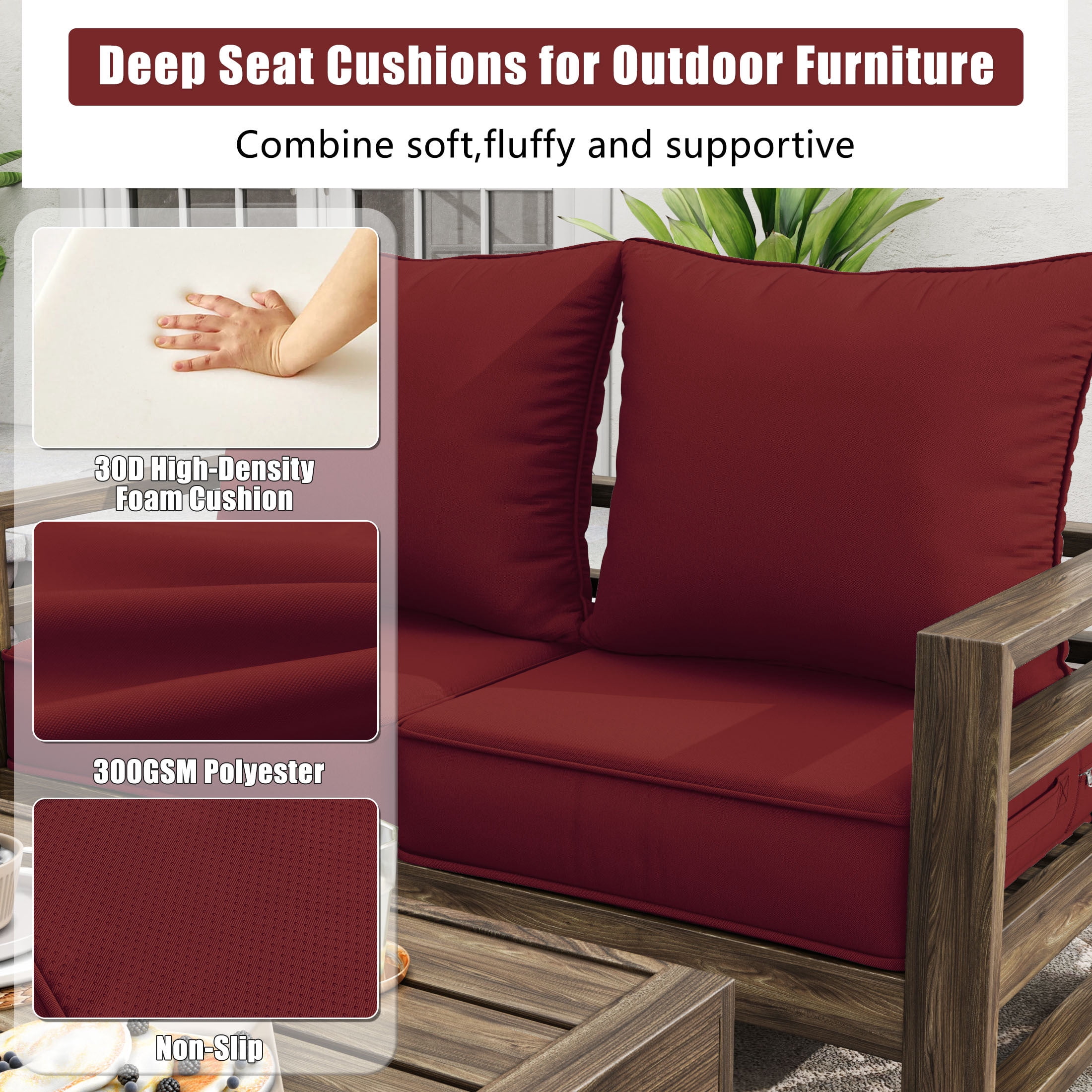 Kimunuk Outdoor Deep Seat Cushion Set for Patio Furniture, Splash-Proof & Fade Resistant, 22" L X 24" W X 5" H,Burgundy