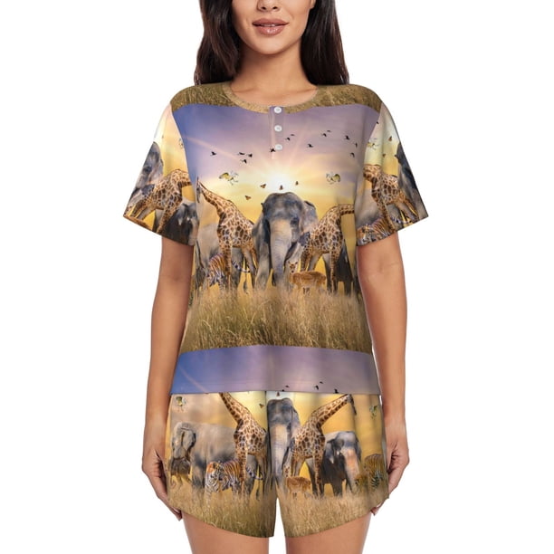 Fotbe Wildlife Protection Conjunto de Pijama Estampado para Mujer, 2 Piezas, Ropa de Dormir con Camiseta de Manga Corta y Shorts Suaves-Large