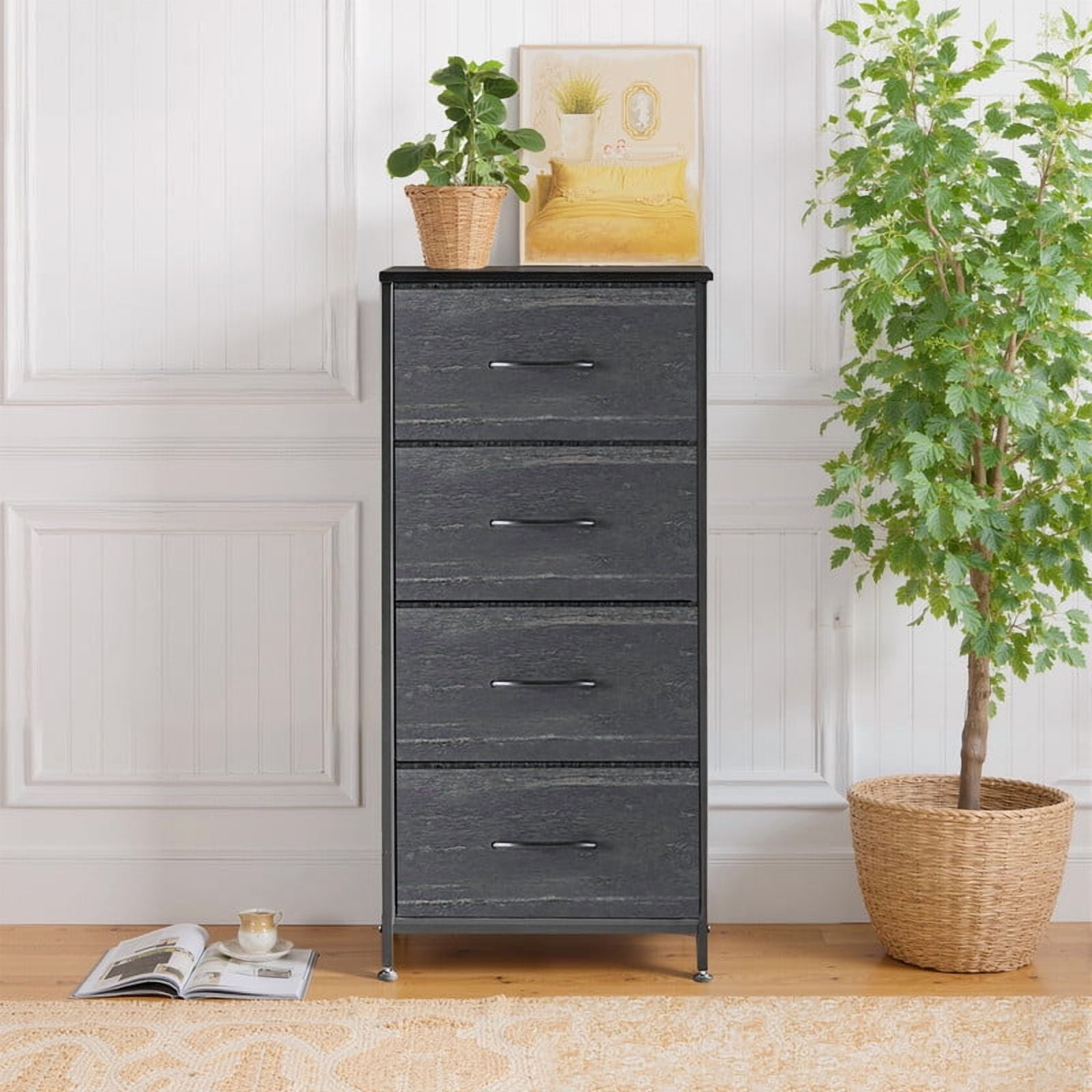 Bigleap 4 Drawer Dresser with Wood Top, Fabric Storage Tower & Tall Chest for Bedroom, Living Room, Hallway Organization,Black Wood
