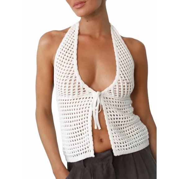 Women'S Crochet Tie Front Halter Neck Crop Camisole Top Swimsuit Cover Up Beachwear White L